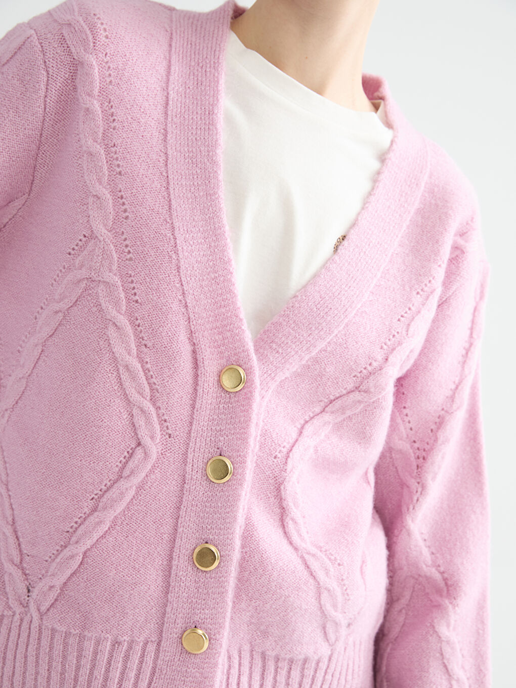 Pembe V Yaka Kendinden Desenli Kadın Triko Hırka-2