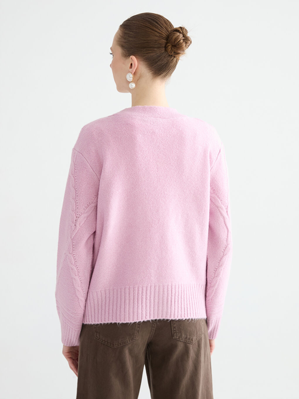 Pembe V Yaka Kendinden Desenli Kadın Triko Hırka-3