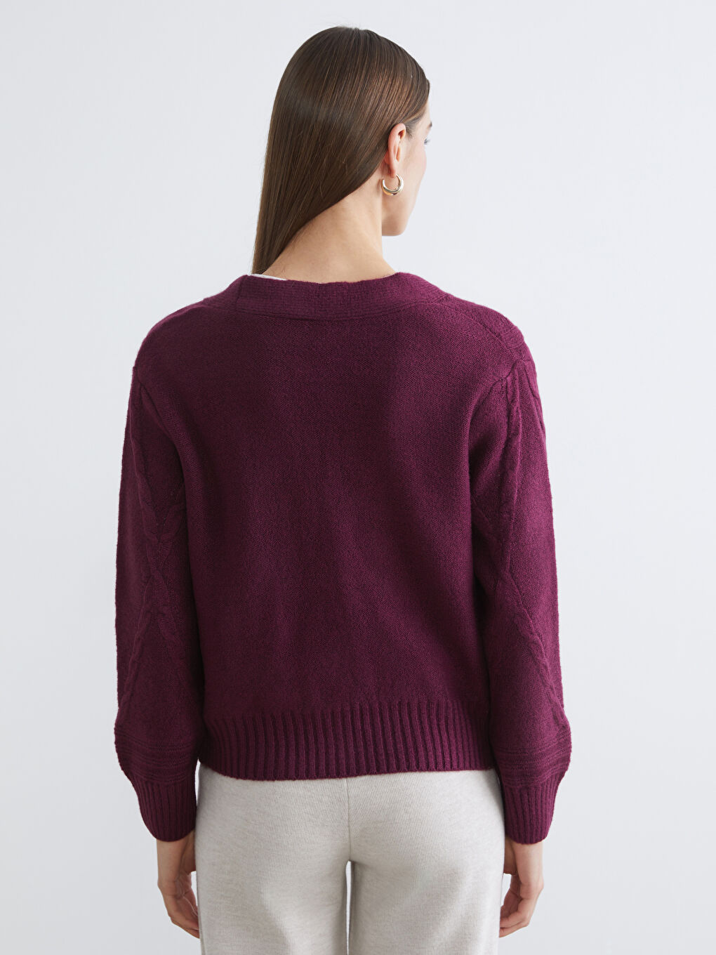 Bordo V Yaka Kendinden Desenli Kadın Triko Hırka-3