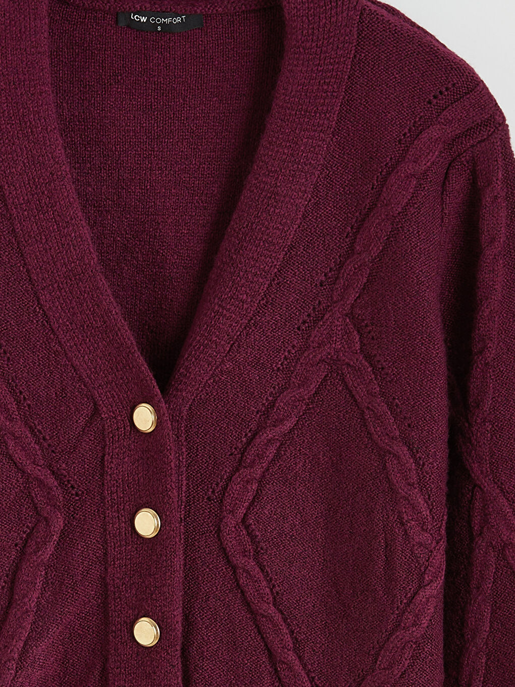 Bordo V Yaka Kendinden Desenli Kadın Triko Hırka-5