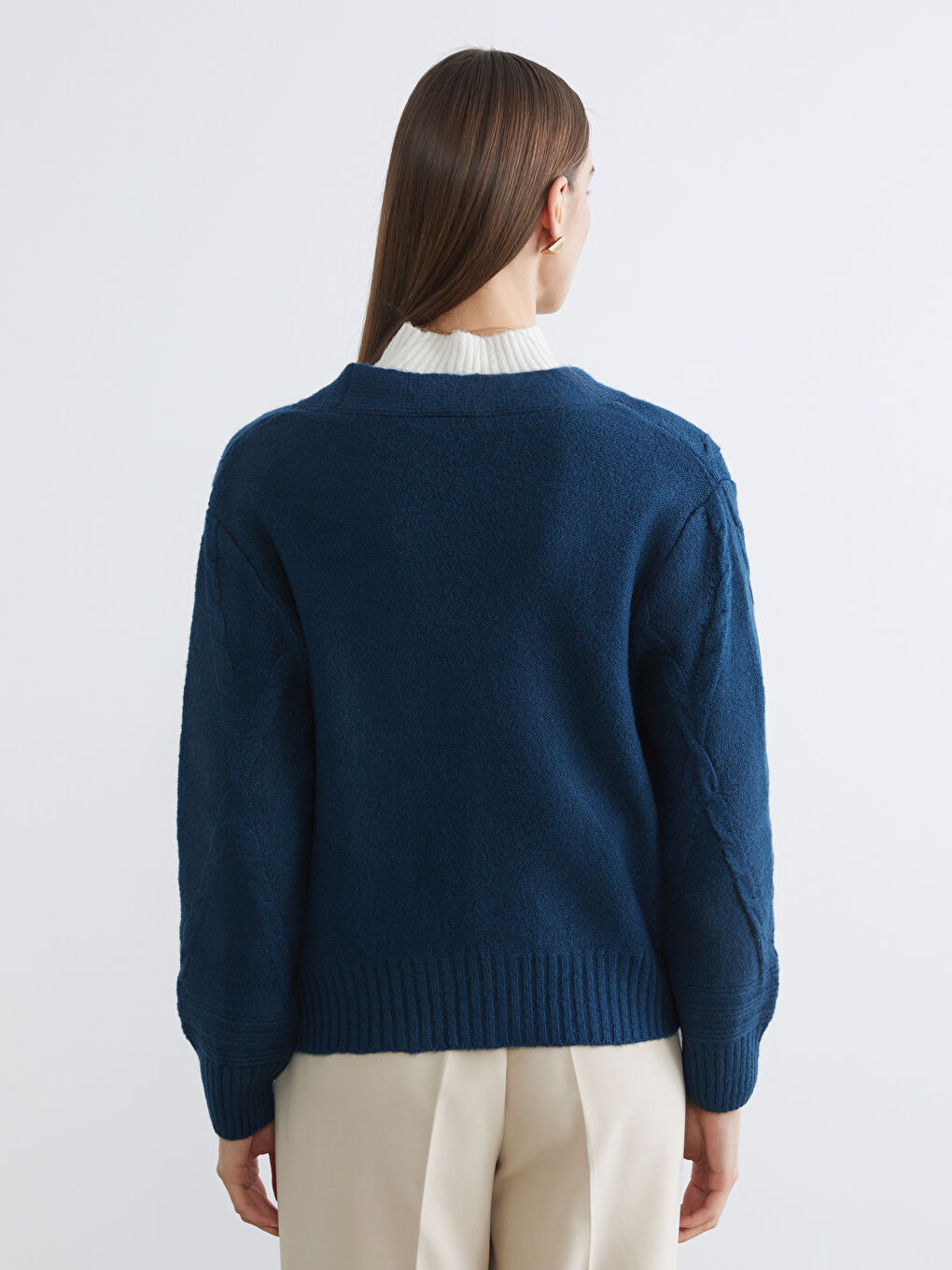 Petrol V Yaka Kendinden Desenli Kadın Triko Hırka-3