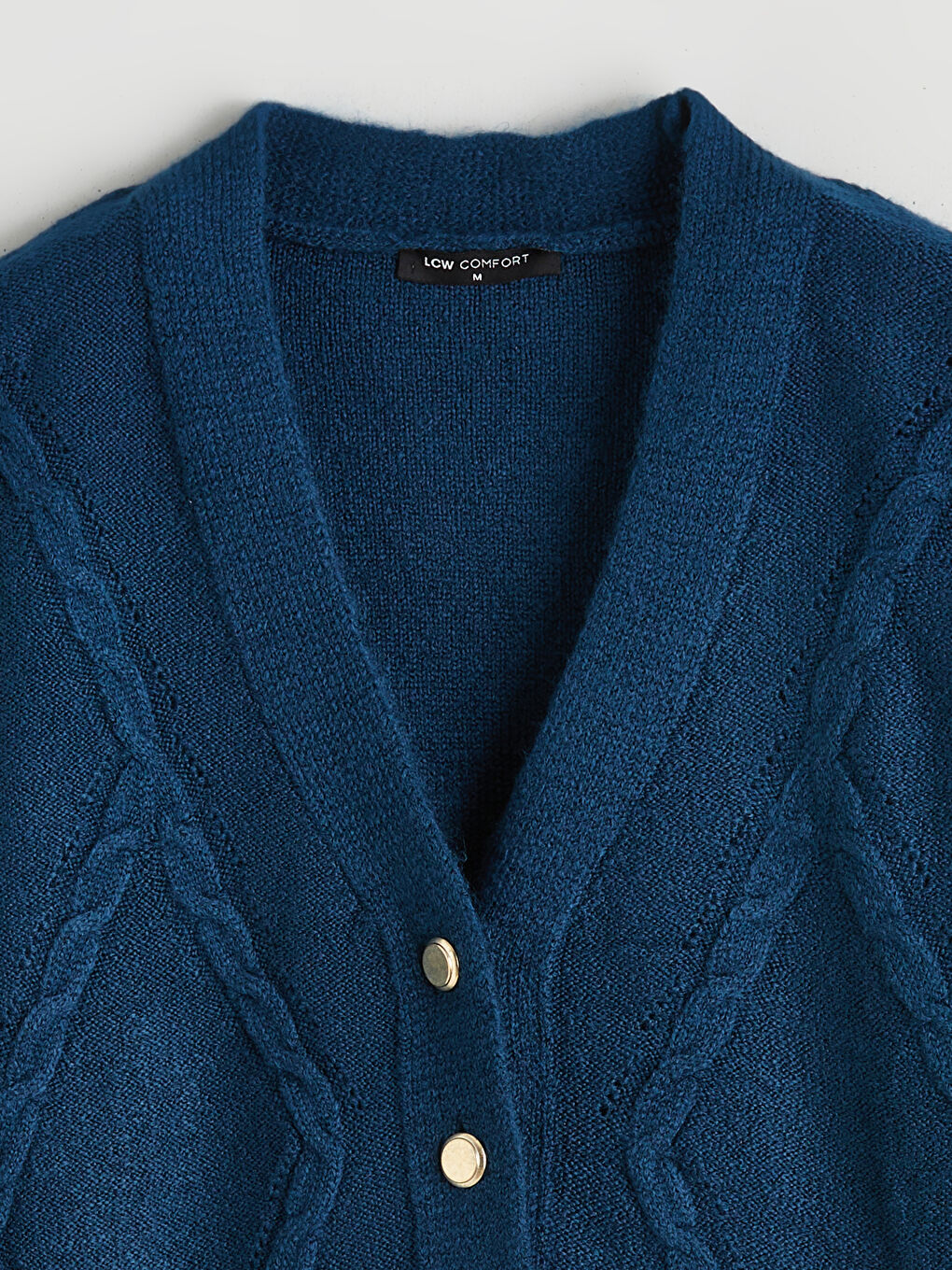 Petrol V Yaka Kendinden Desenli Kadın Triko Hırka-5