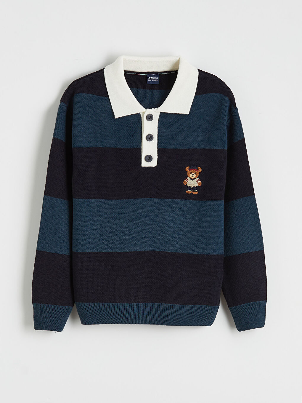 İndigo Polo Yaka Ayı Teddy Nakışlı Erkek Çocuk Triko Kazak