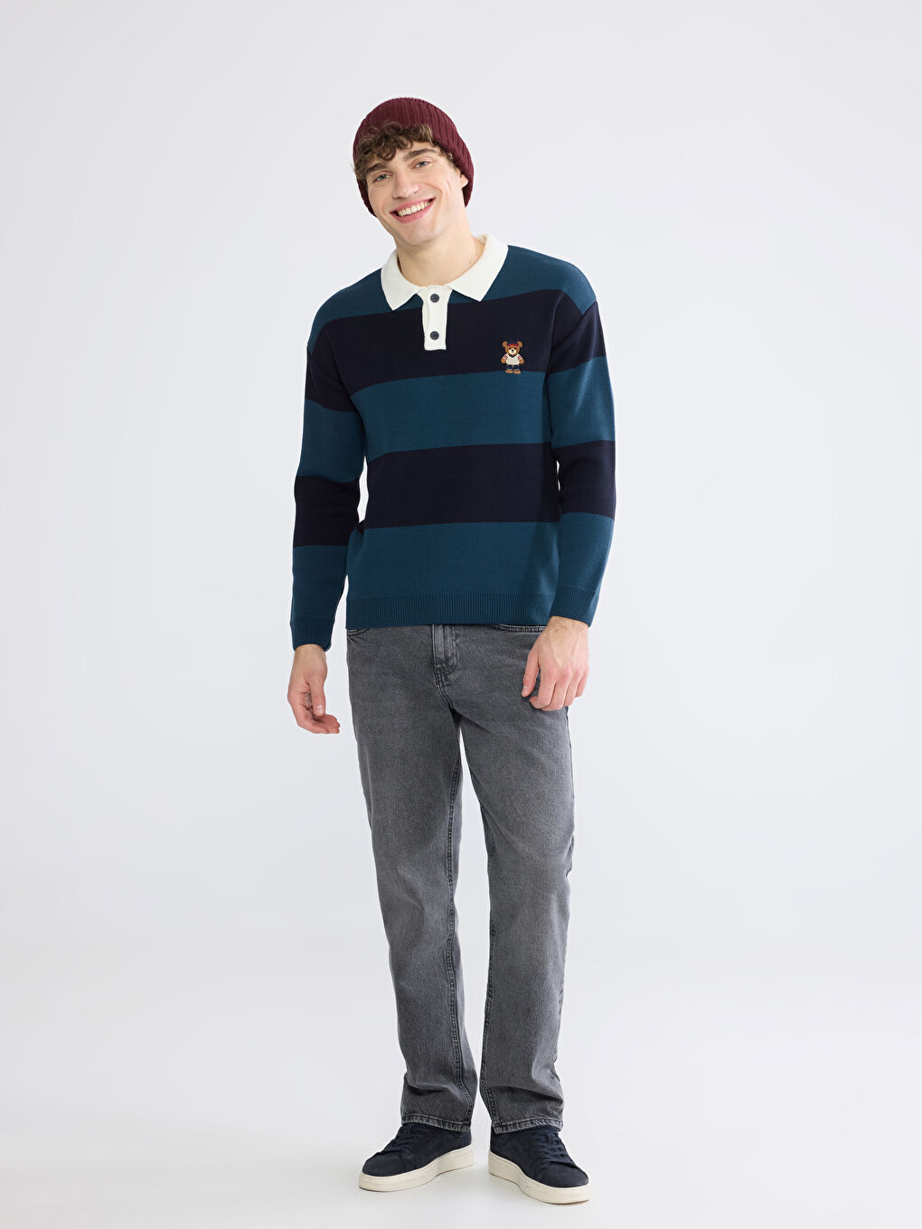 İndigo Polo Yaka Ayı Teddy Nakışlı Erkek Triko Kazak-1