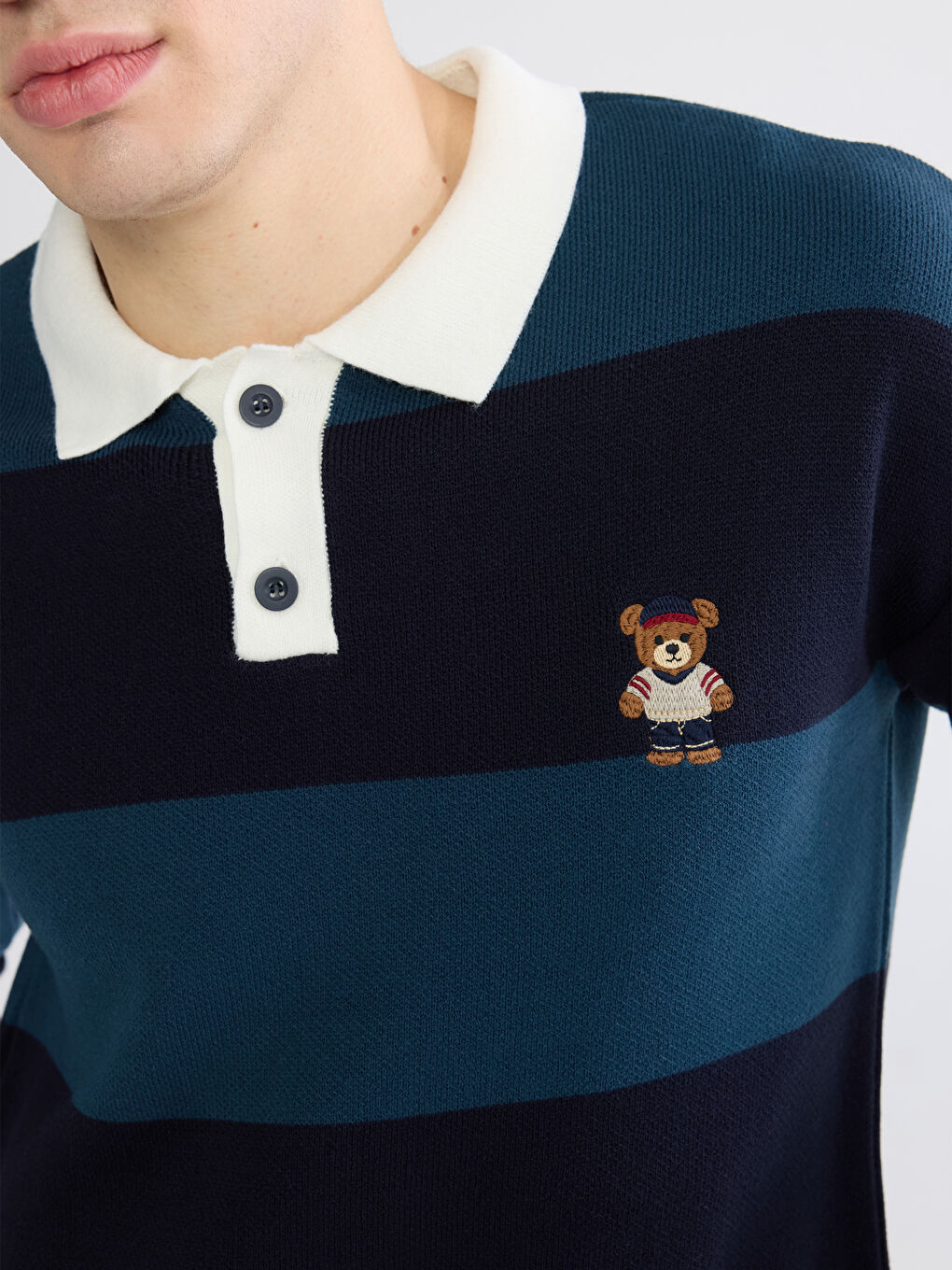 İndigo Polo Yaka Ayı Teddy Nakışlı Erkek Triko Kazak-2