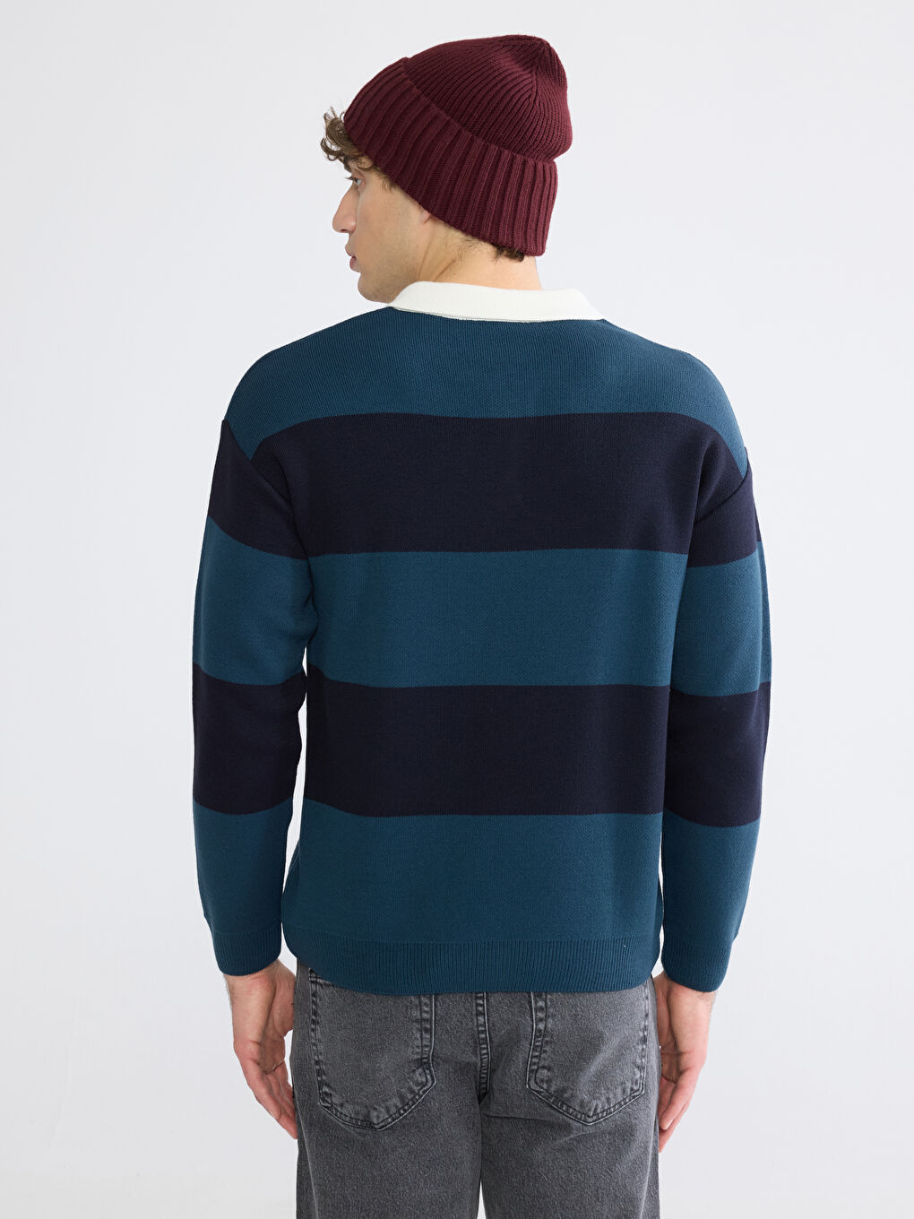 İndigo Polo Yaka Ayı Teddy Nakışlı Erkek Triko Kazak-3