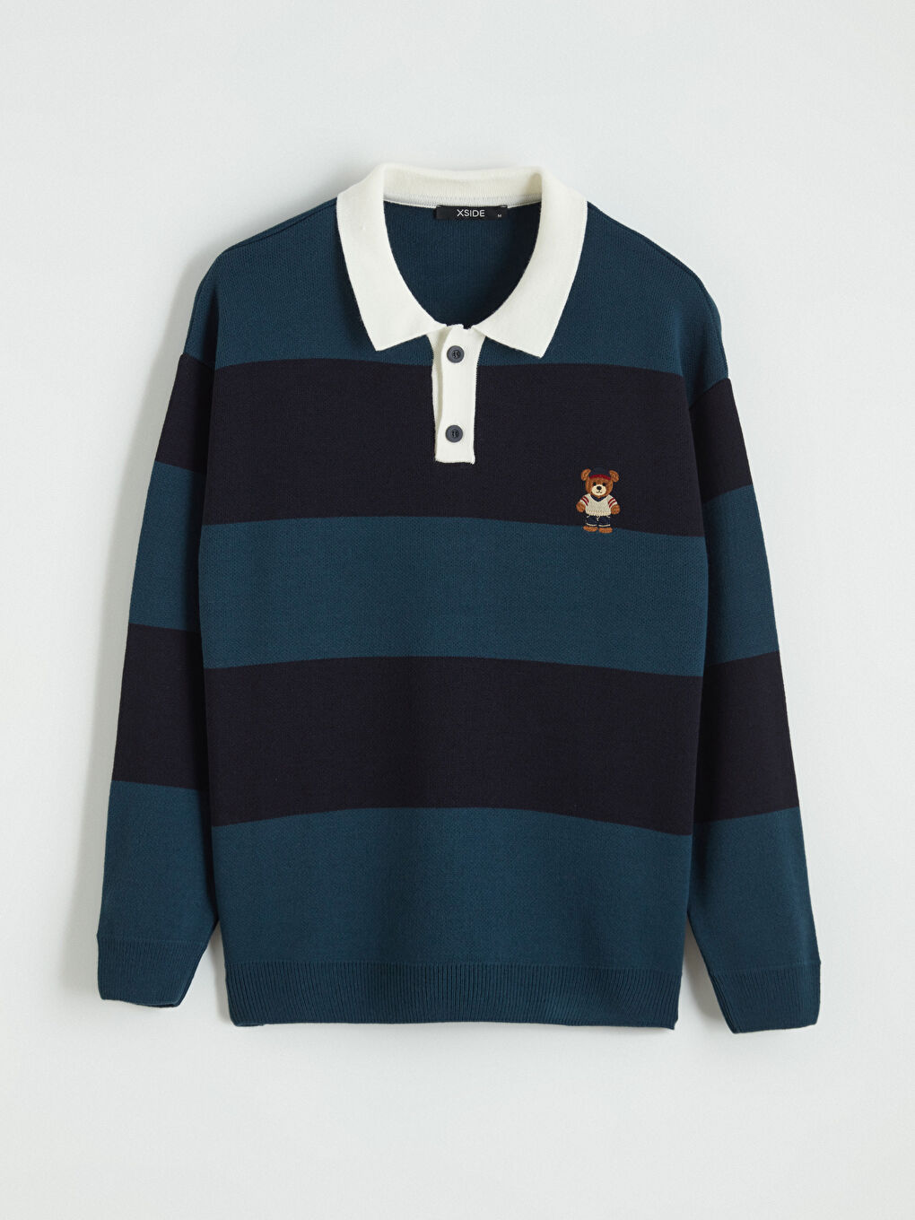 İndigo Polo Yaka Ayı Teddy Nakışlı Erkek Triko Kazak-4