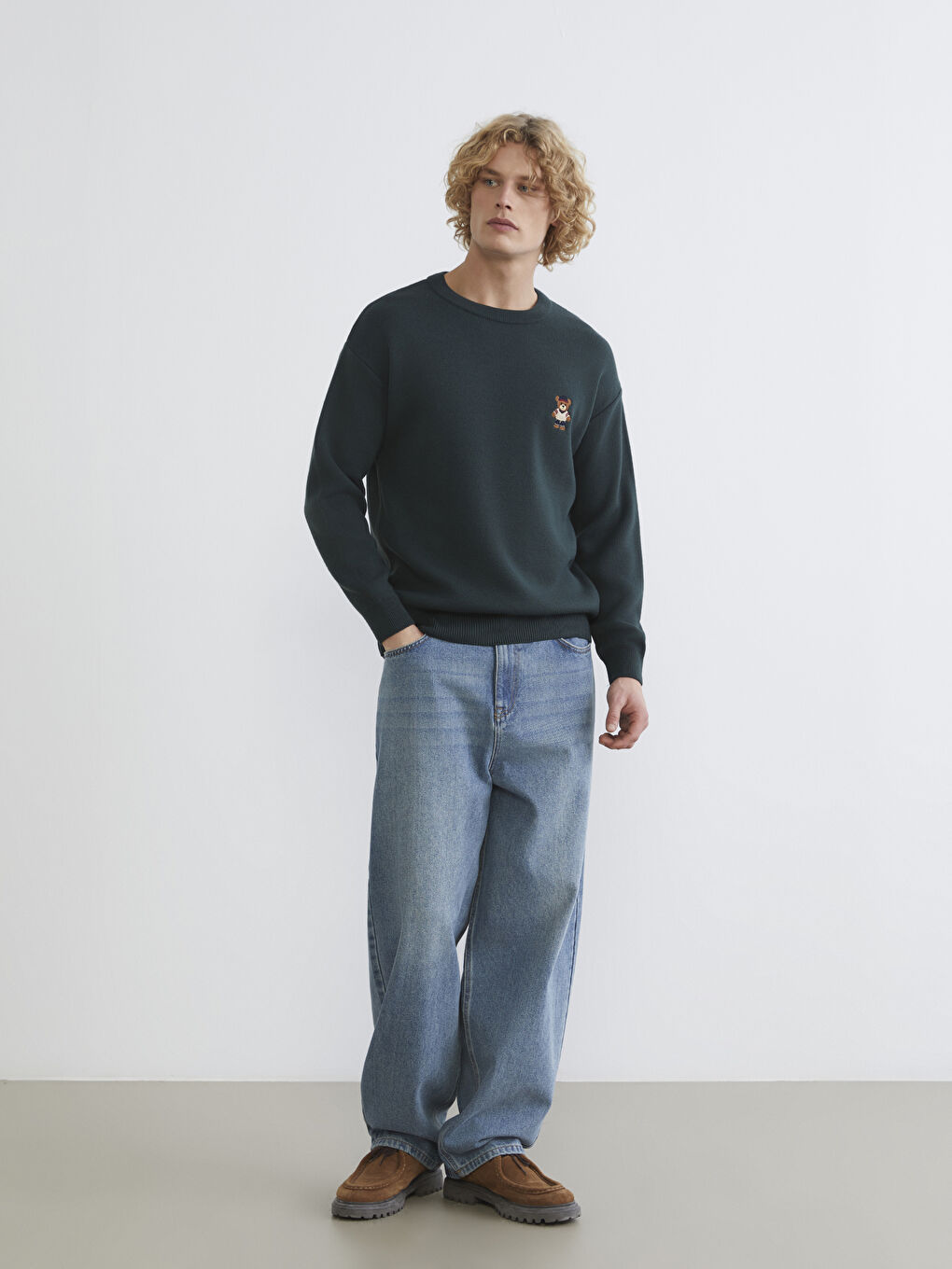 Yeşil Bisiklet Yaka Ayı Teddy Nakışlı Erkek Triko Kazak-1