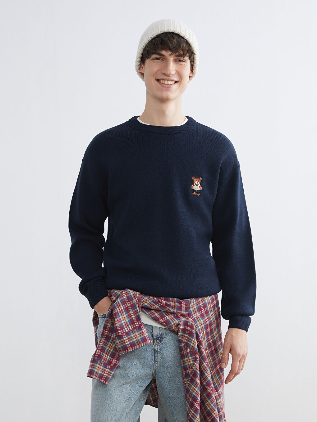 Lacivert Bisiklet Yaka Ayı Teddy Nakışlı Erkek Triko Kazak-2