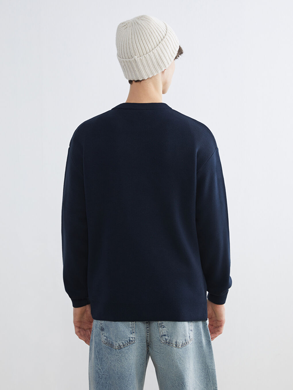 Lacivert Bisiklet Yaka Ayı Teddy Nakışlı Erkek Triko Kazak-3