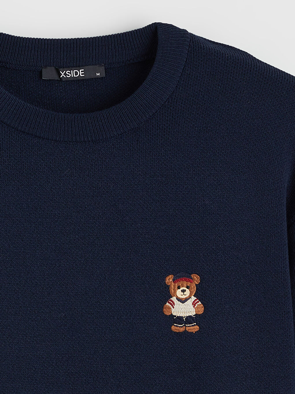 Lacivert Bisiklet Yaka Ayı Teddy Nakışlı Erkek Triko Kazak-5