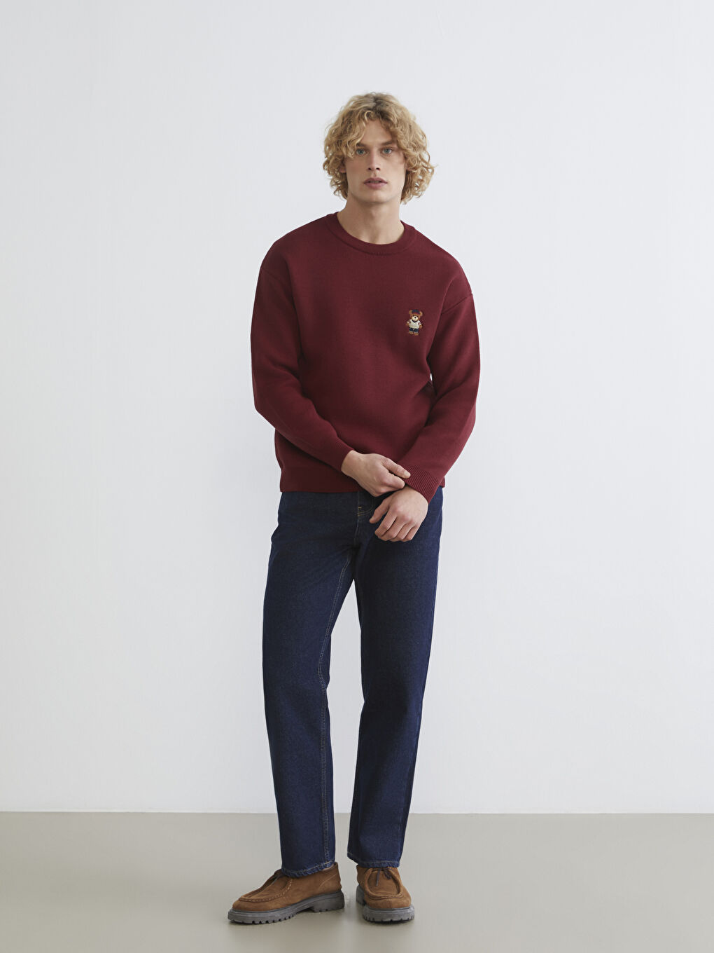 Kırmızı Bisiklet Yaka Ayı Teddy Nakışlı Erkek Triko Kazak-1