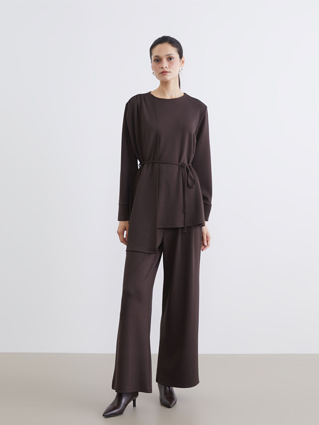 Kahverengi Beli Lastikli Geniş Paça Kadın Eşofman Altı