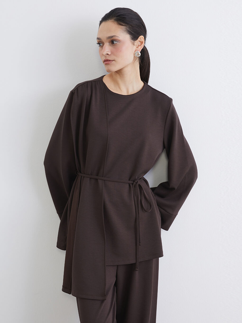 Kahverengi Atkılı Soft Touch Kadın Sweatshirt Tunik