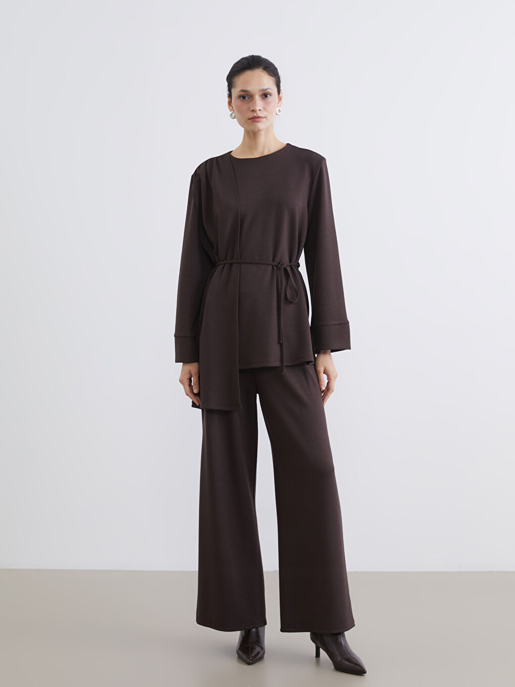 Kahverengi Atkılı Soft Touch Kadın Sweatshirt Tunik-1