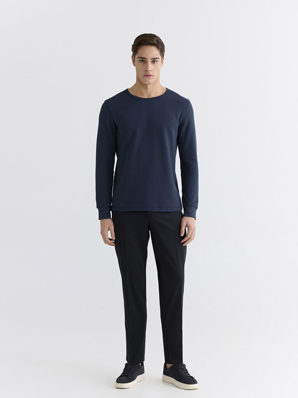 Lacivert Bisiklet Yaka Uzun Kollu Erkek Pijama Üst-1