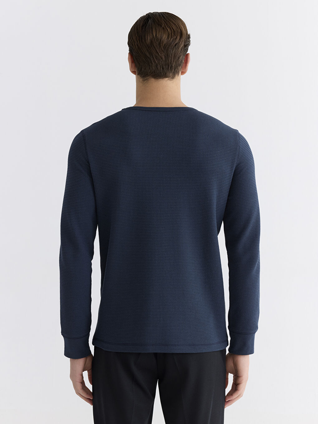 Lacivert Bisiklet Yaka Uzun Kollu Erkek Pijama Üst-3