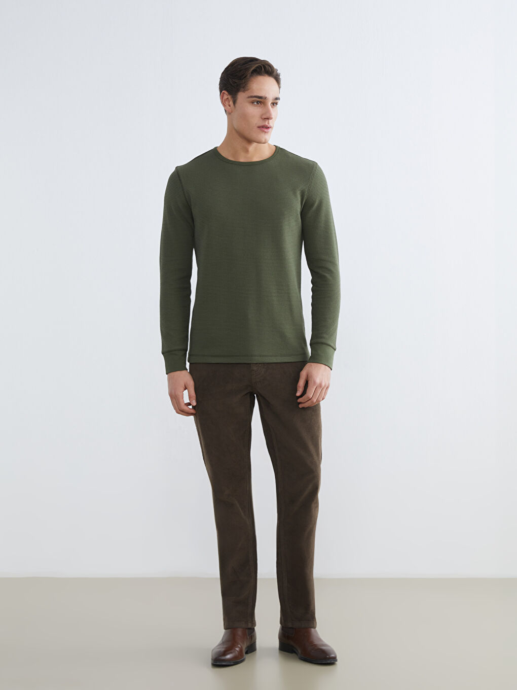 Yeşil Bisiklet Yaka Uzun Kollu Erkek Pijama Üst-1