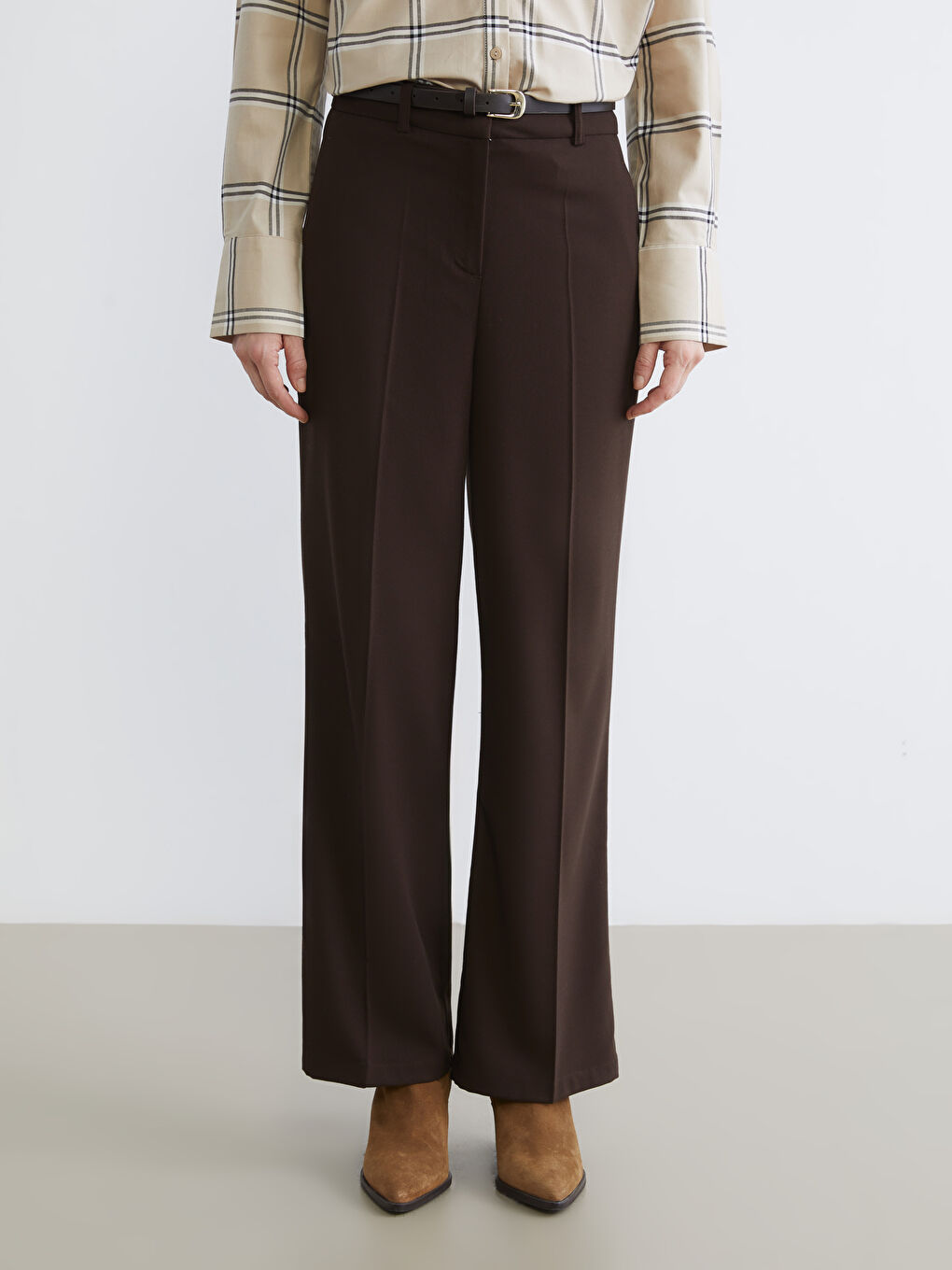 Kahverengi Beli Kemerli Geniş Paça Kadın Pantolon-1