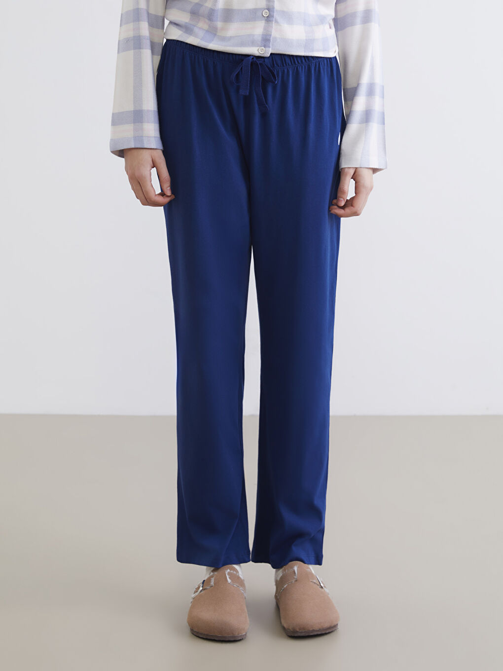 Lacivert Beli Lastikli Nakışlı Kadın Pijama Altı-1