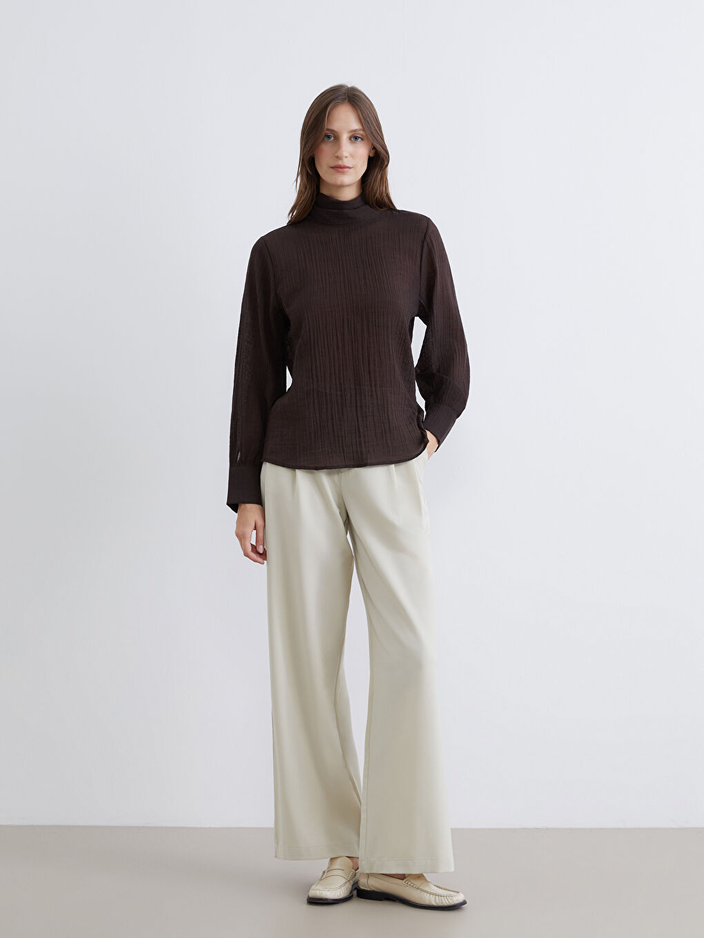 Kahverengi Dik Yaka Dokulu Bluz-1