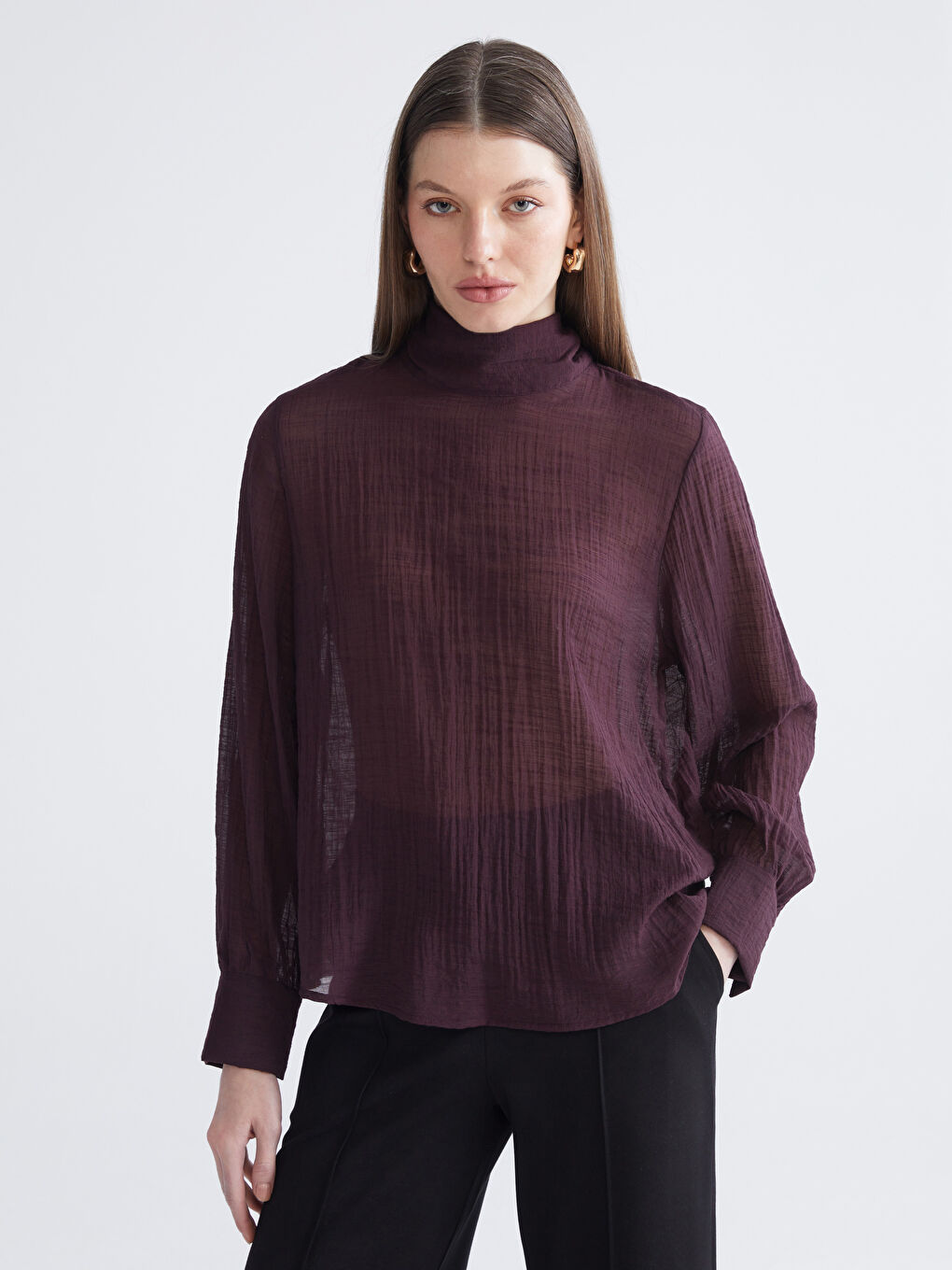 Bordo Dik Yaka Dokulu Bluz