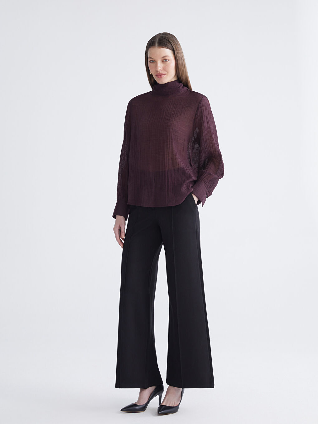 Bordo Dik Yaka Dokulu Bluz-1