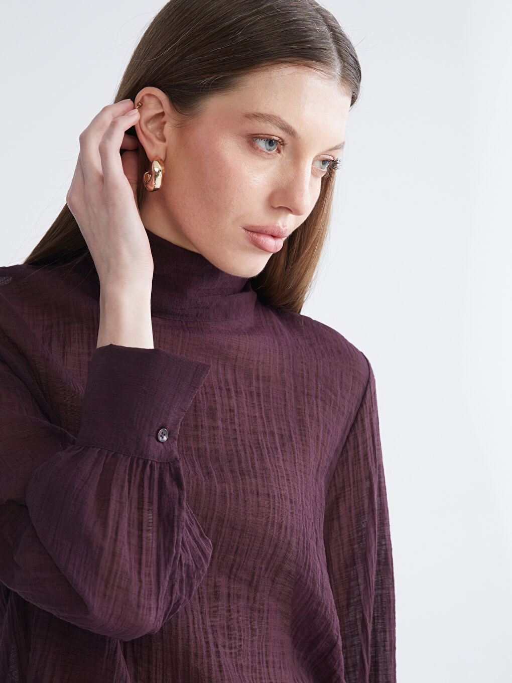 Bordo Dik Yaka Dokulu Bluz-2