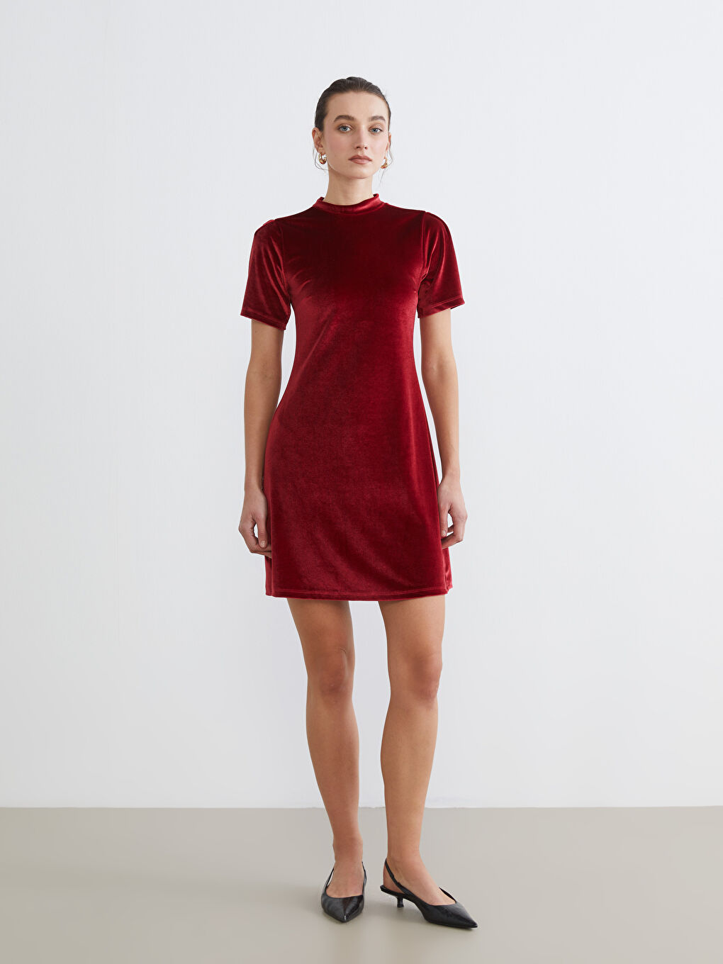 Bordo Dik Yaka A Kesim Kadife Mini Elbise-1