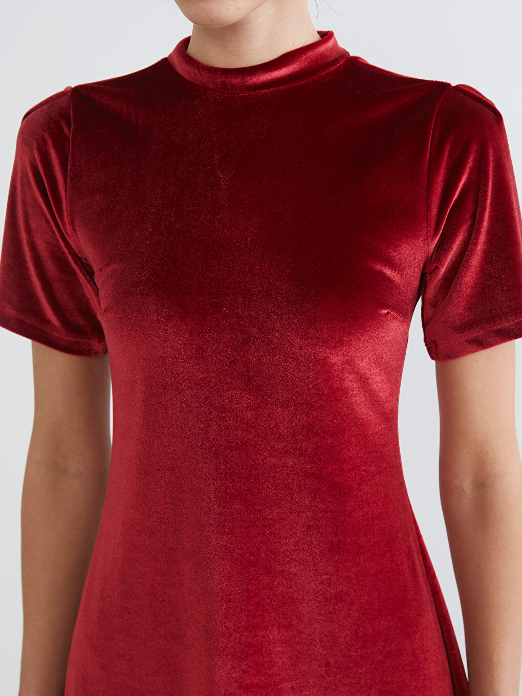 Bordo Dik Yaka A Kesim Kadife Mini Elbise-2