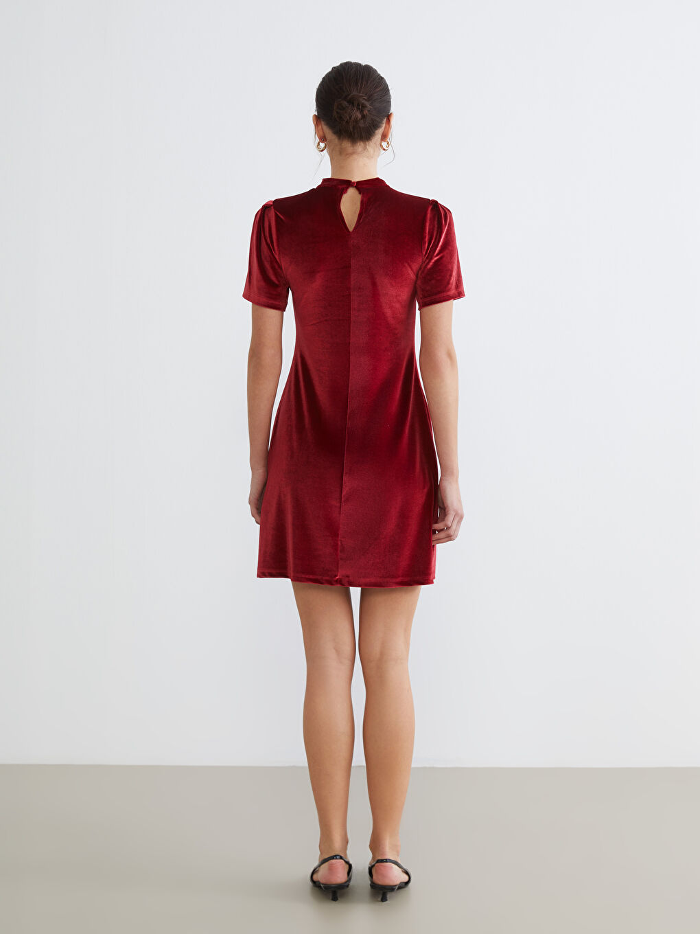 Bordo Dik Yaka A Kesim Kadife Mini Elbise-3