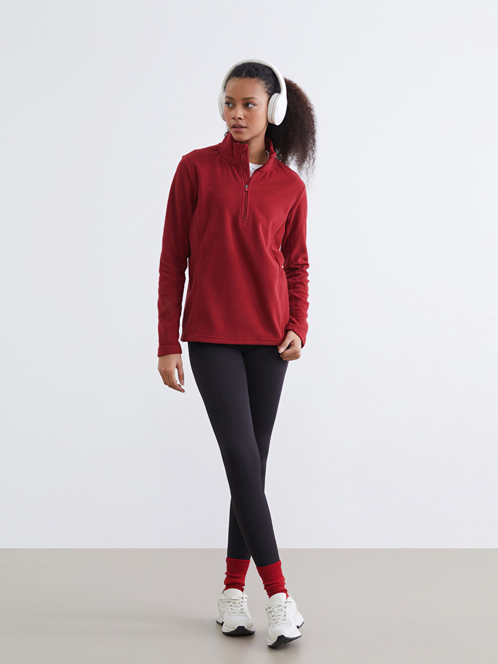 Kırmızı Dik Yaka Kadın Polar Sweatshirt	-1