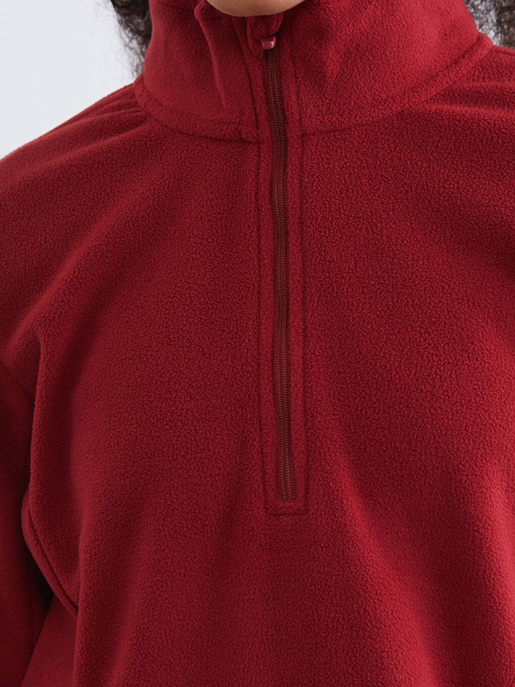 Kırmızı Dik Yaka Kadın Polar Sweatshirt	-2