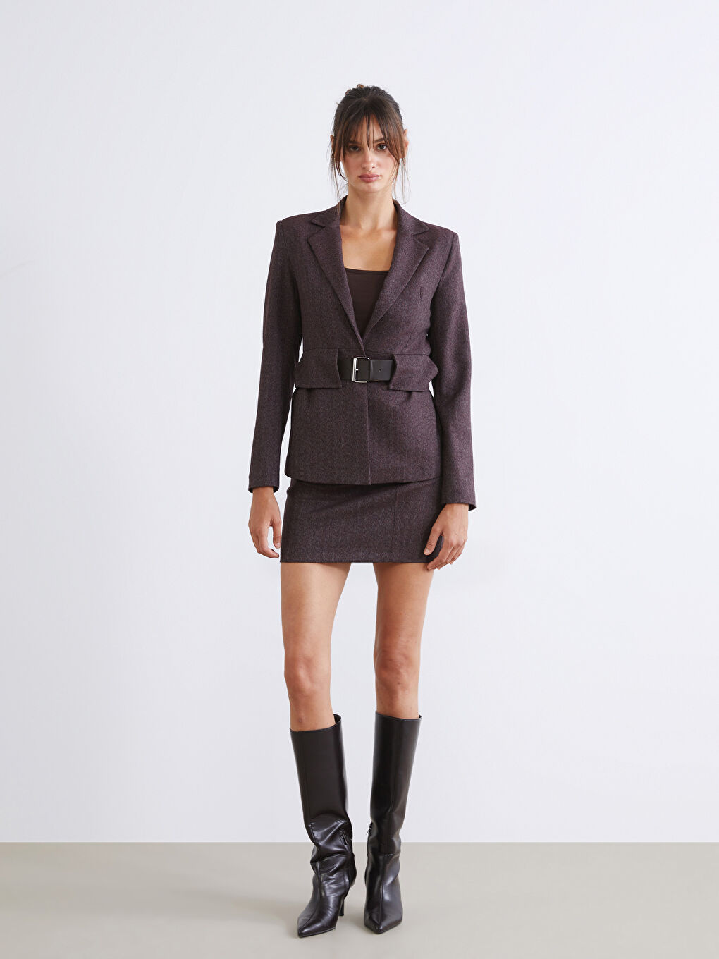 Bordo Beli Kemerli Kadın Blazer Ceket-1