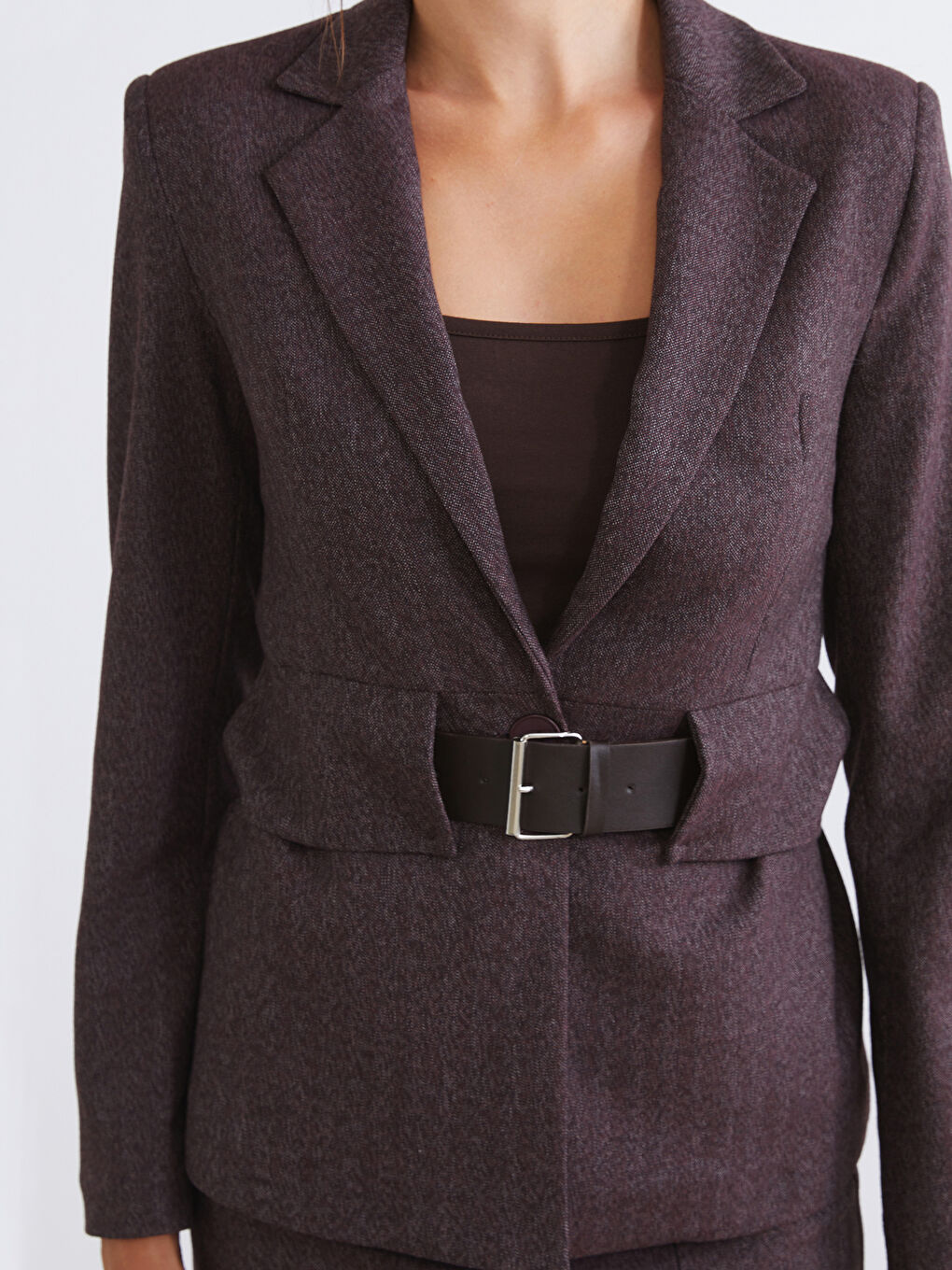 Bordo Beli Kemerli Kadın Blazer Ceket-2