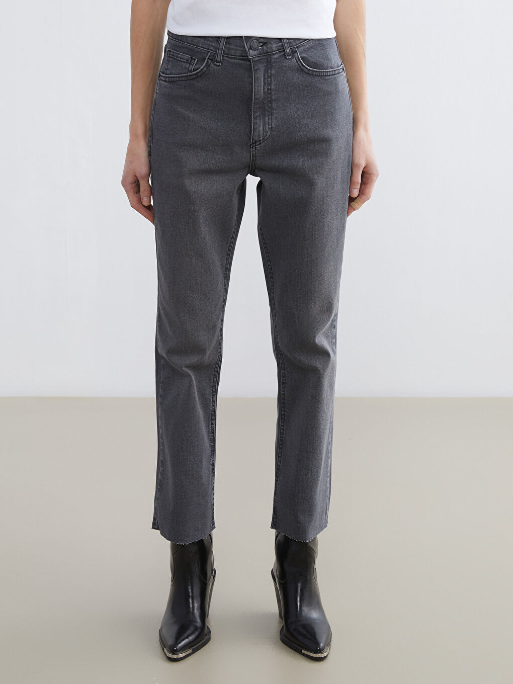 Gri Crop Flare Kadın Jean Pantolon-1