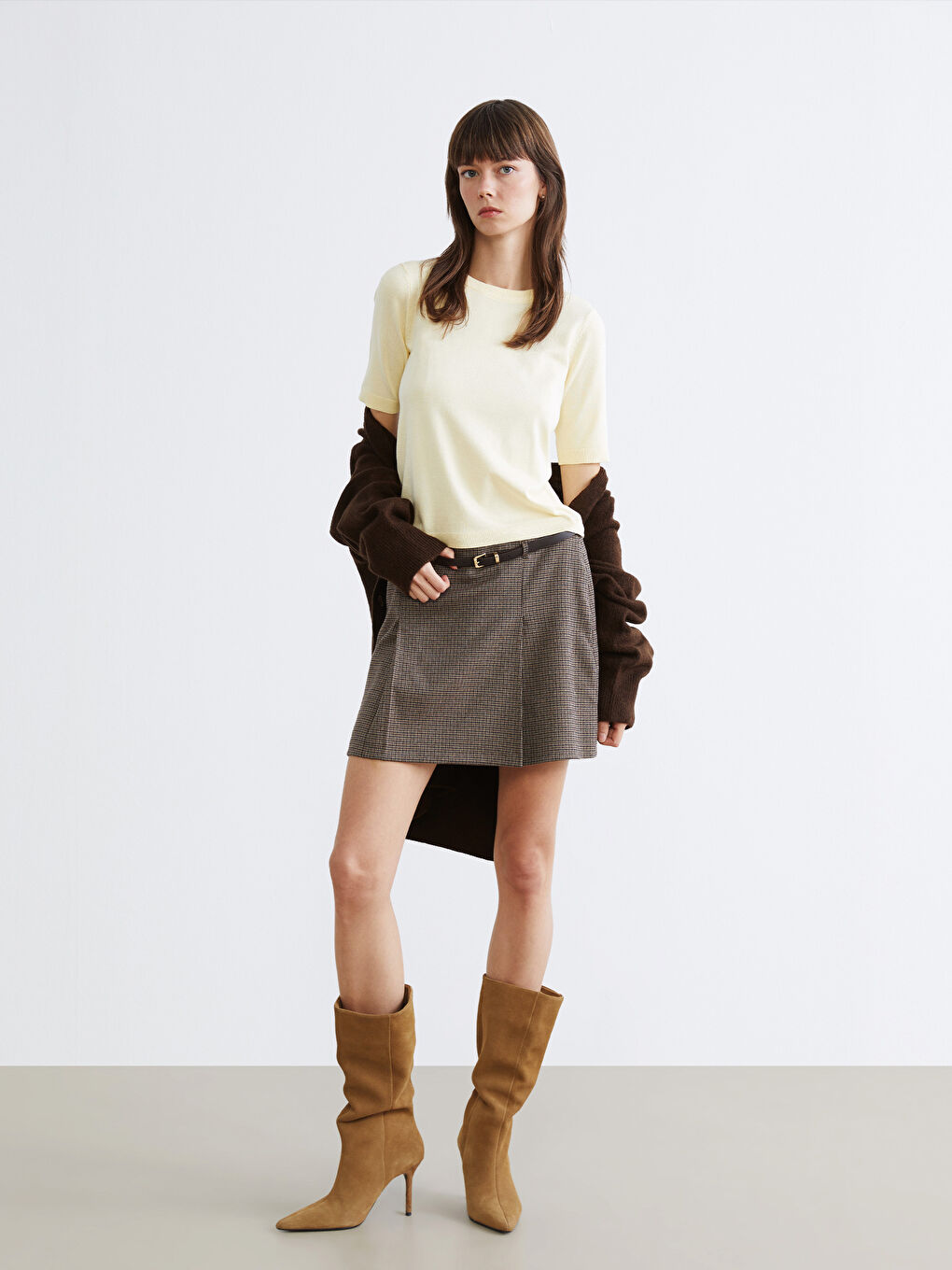 Belted Plaid Pleated Mini Skirt