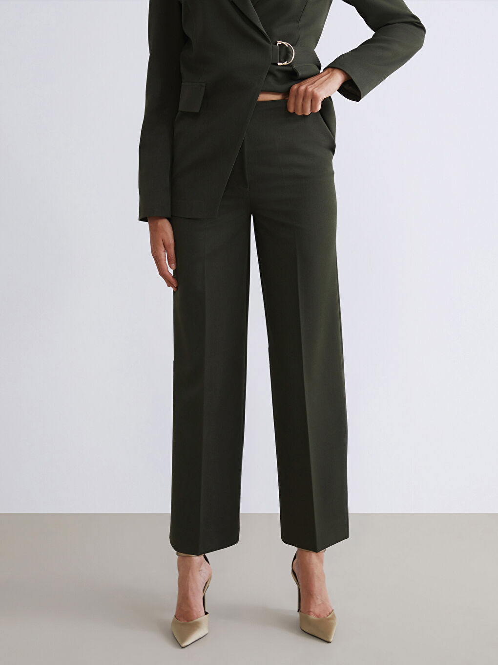 Haki Loose Fit Geniş Paça Kadın Pantolon-1