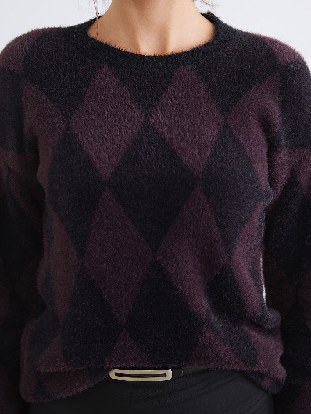 Bordo Bisiklet Yaka Baklava Desenli Kadın Triko Kazak-1