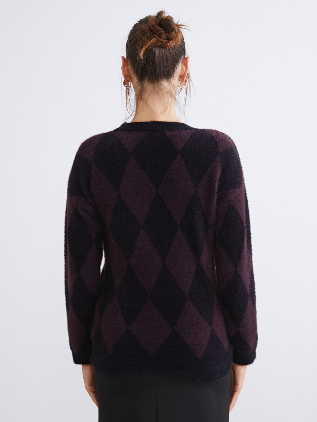 Bordo Bisiklet Yaka Baklava Desenli Kadın Triko Kazak-3