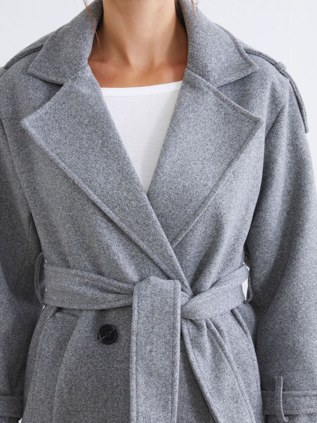 Gri Kruvaze Yaka Kadın Kaşe Kaban-2