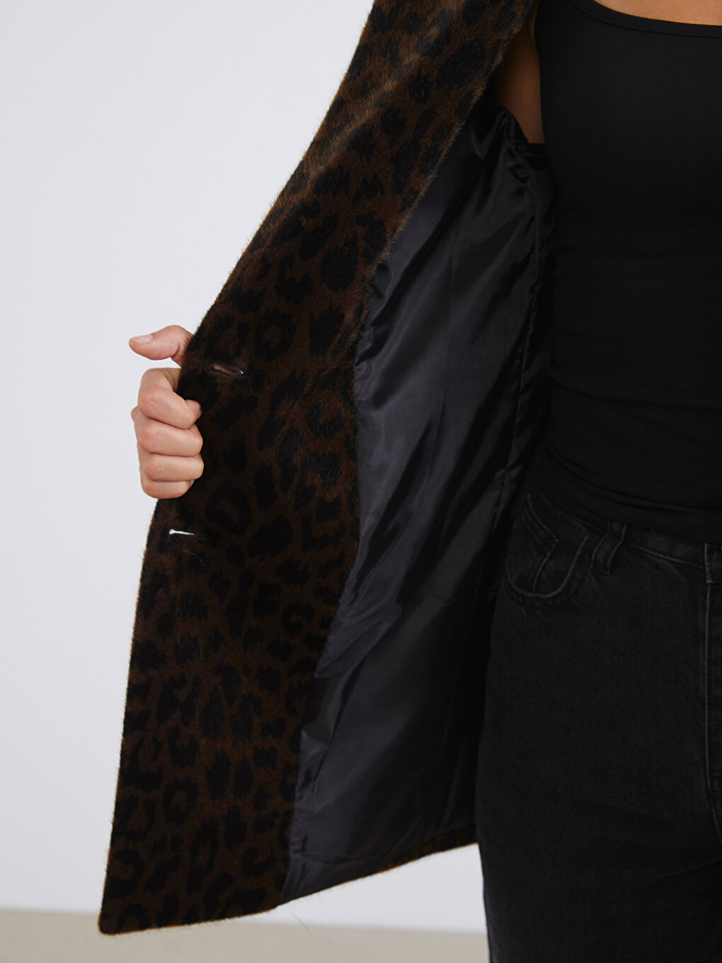 Kahverengi Leopar Desenli Kadın Kaşe Kaban-3