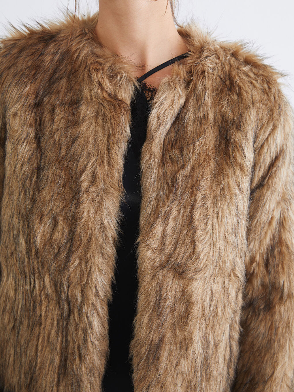 Bej Bisiklet Yaka Kadın Kürk Mont-2