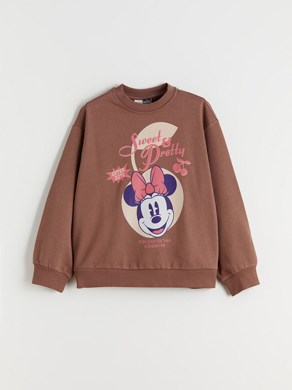 Kahverengi Bisiklet Yaka Minnie Mouse Baskılı Kız Çocuk Sweatshirt