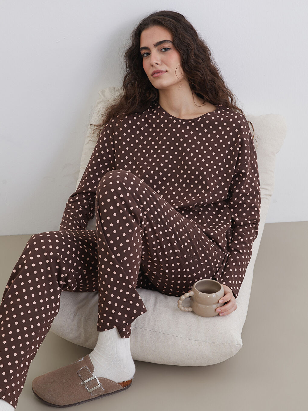 Crew Neck Polka Dot Long Sleeve Women's Pyjamas Set