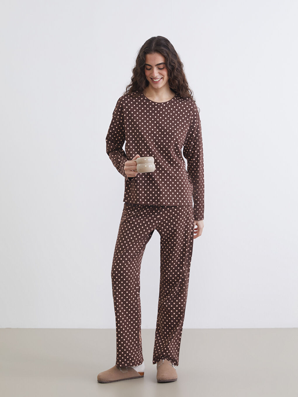 Crew Neck Polka Dot Long Sleeve Women's Pyjamas Set-1