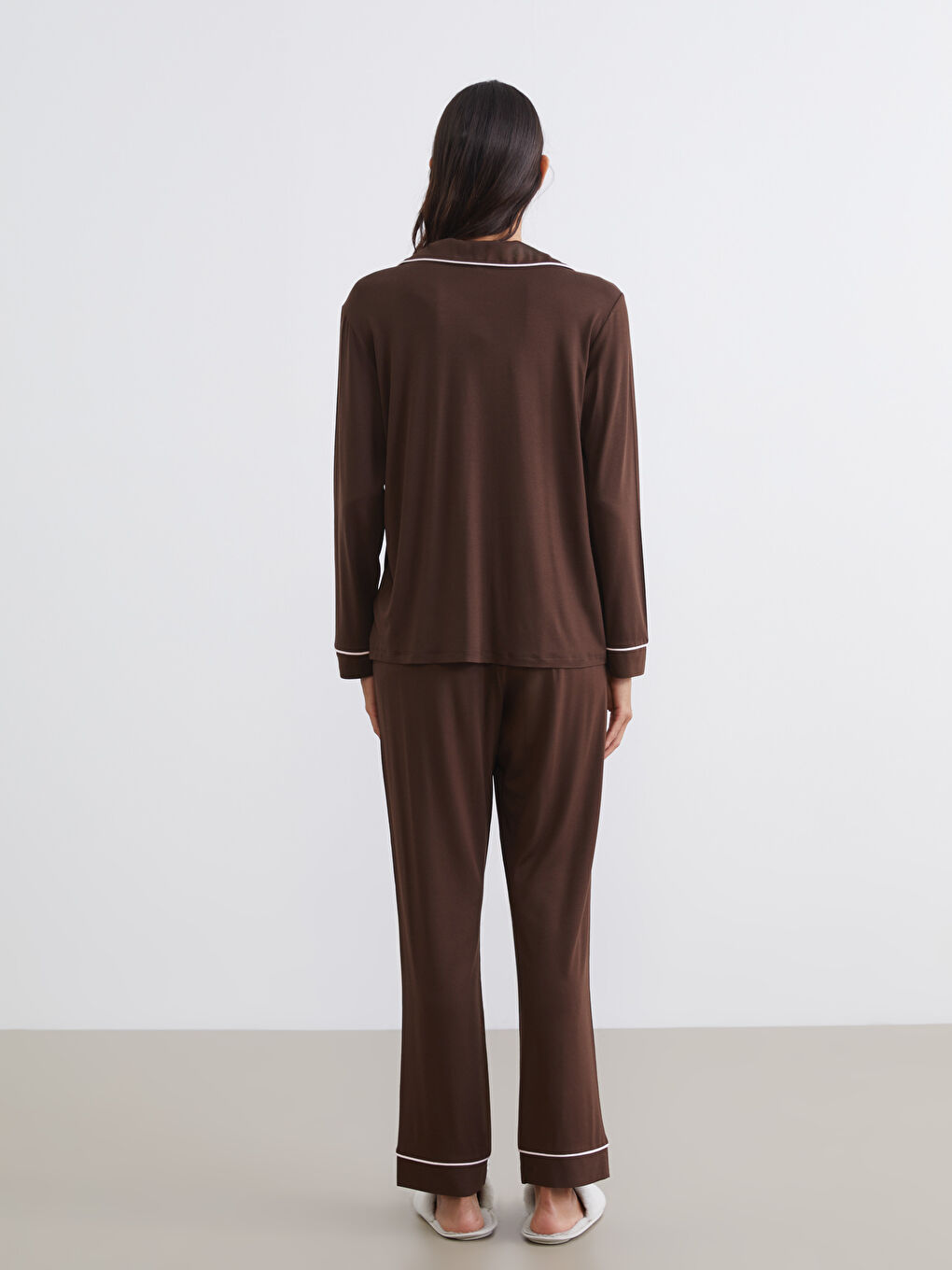 Kahverengi Gömlek Yaka Kadın Pijama Takımı-3