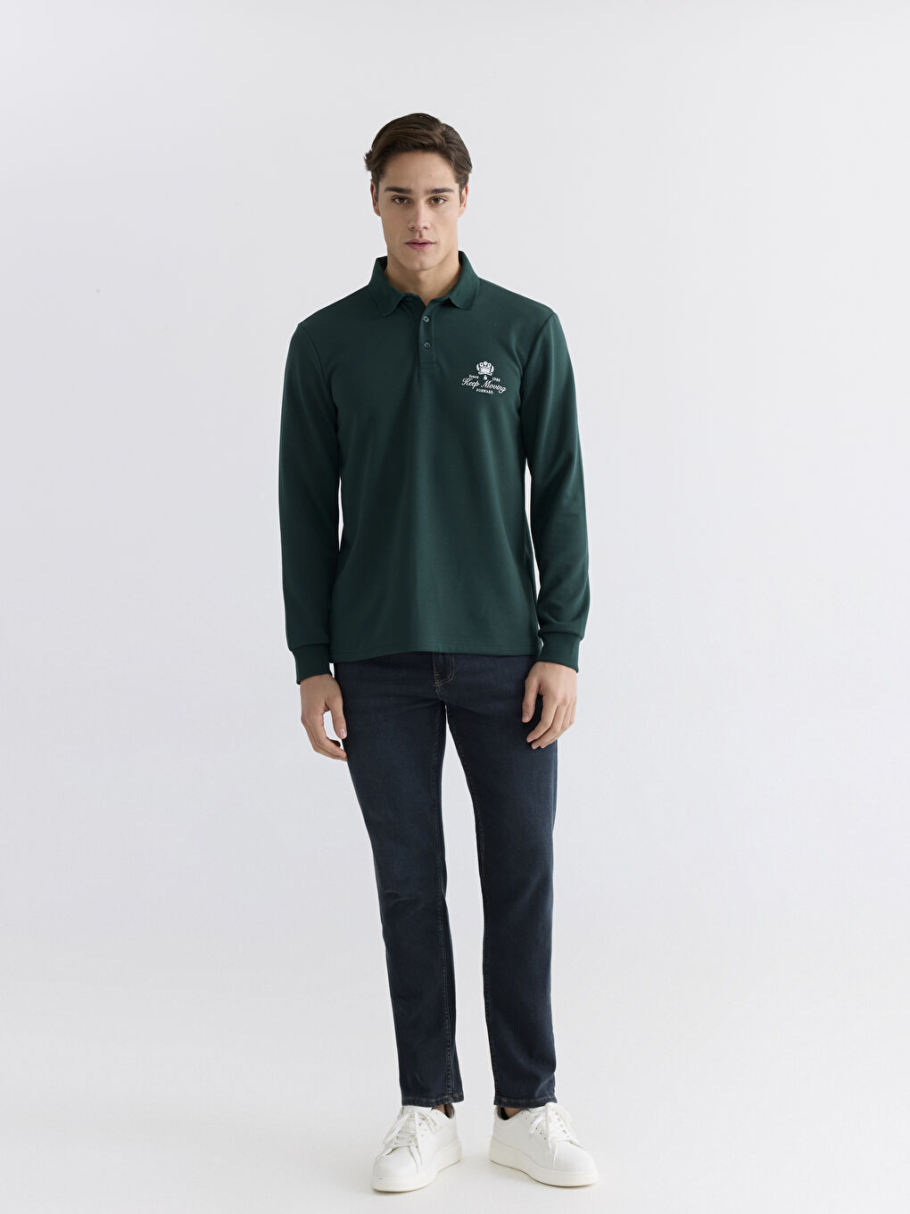 Yeşil Polo Yaka Baskılı Erkek Sweatshirt-1