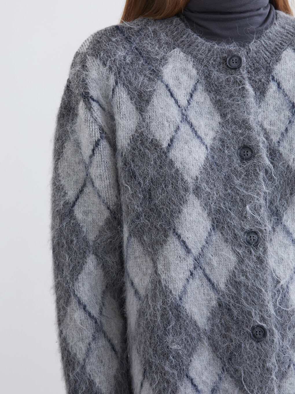 Gri Bisiklet Yaka Baklava Desenli Kadın Triko Hırka-2