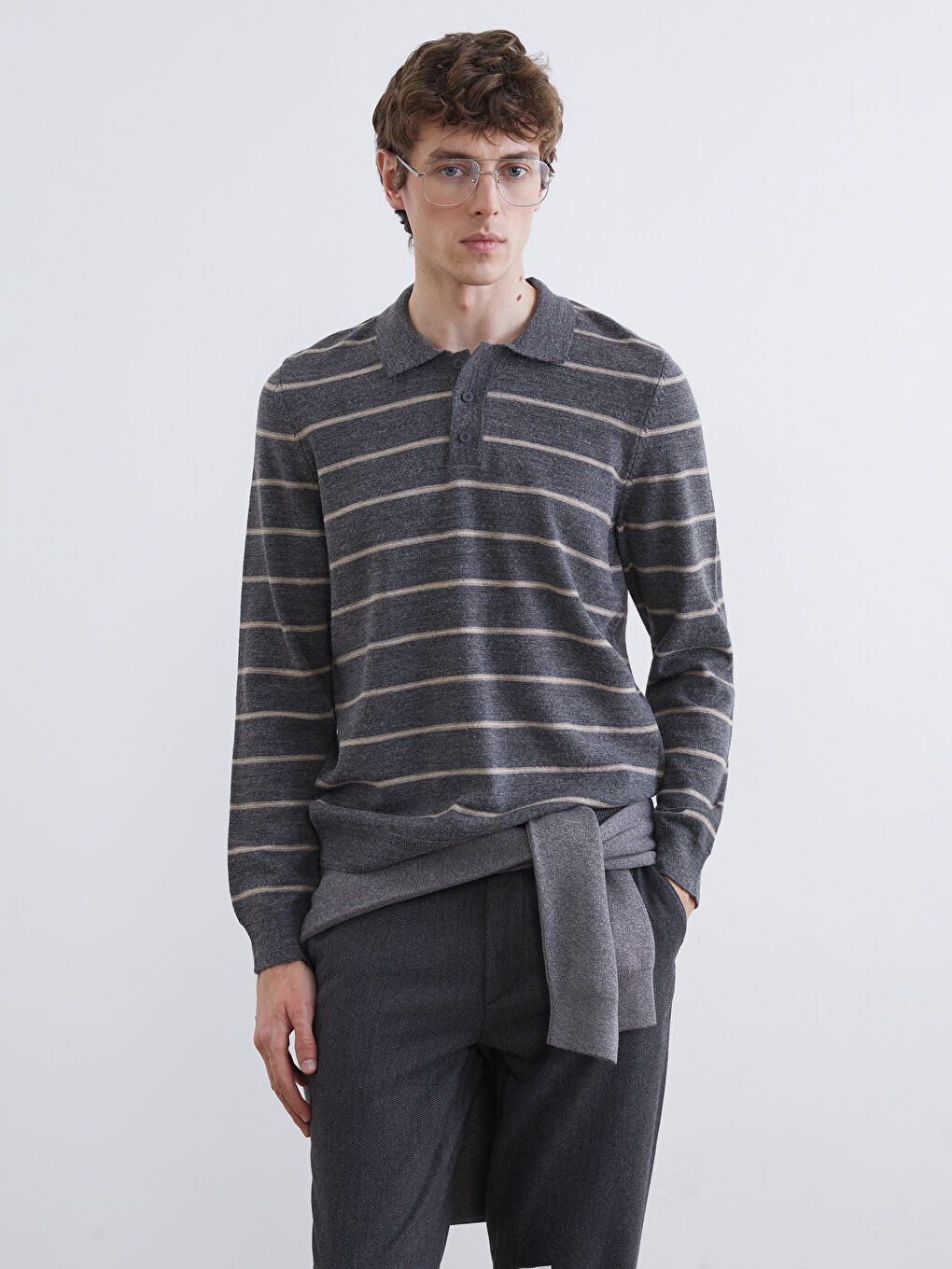 Gri Polo Yaka Çizgili Erkek Triko Kazak